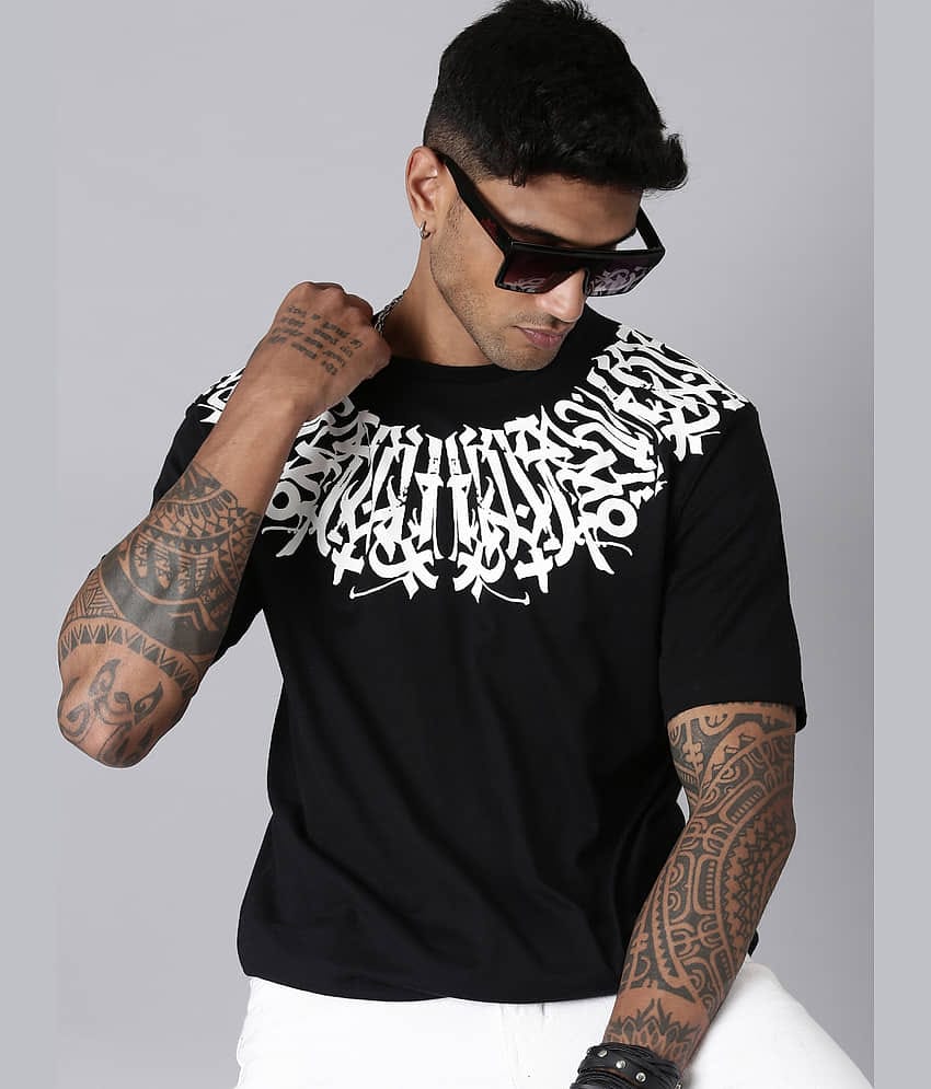 LEWEL Cotton Blend Oversized Fit Printed 3/4th Sleeves Men's Round T-Shirt - Black ( Pack of 1 )