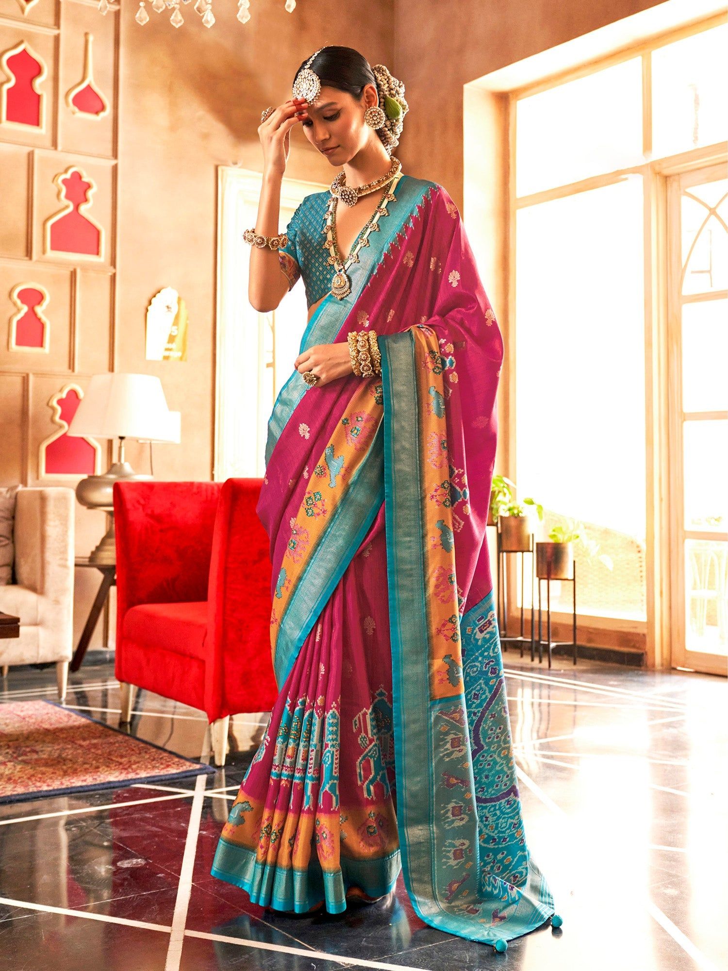 Dark Hot Pink Soft Silk Printed Patola Saree