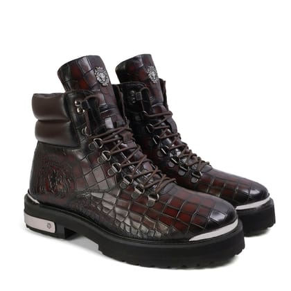 Dark Brown Chunky Boot Embossed Lion With Deep Cut Leather Metal Plate Zip Closure-40/6