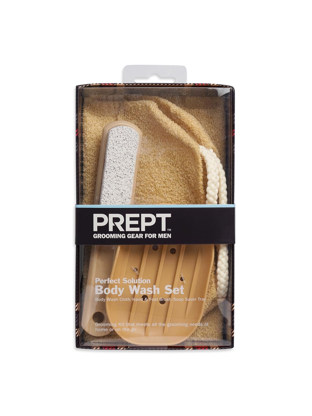 PREPT Perfect Solution Body Wash Set, Men's Grooming Kit with Washcloth, Hand Brush, Foot Brush, Soap Tray
