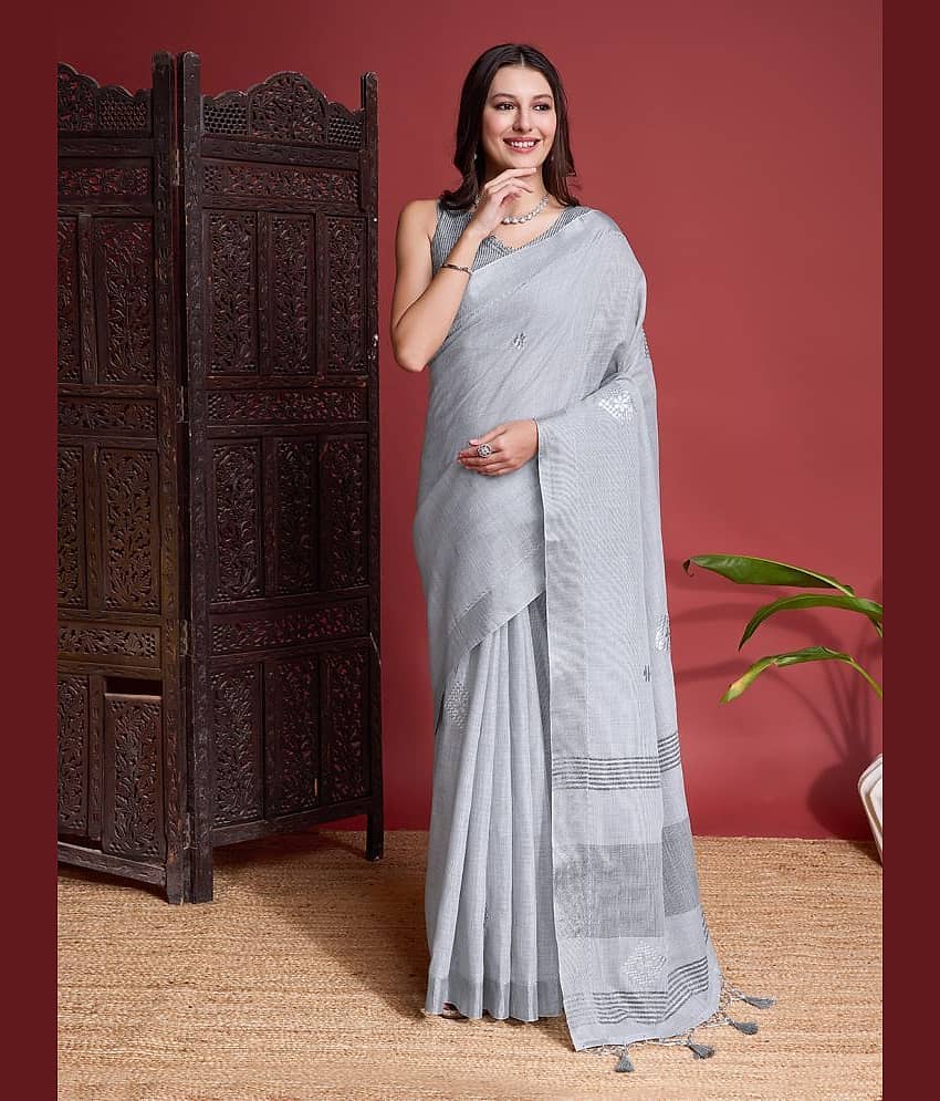 Rekha Maniyar Linen Embroidered Saree With Unstitched Blouse Piece ( Grey )