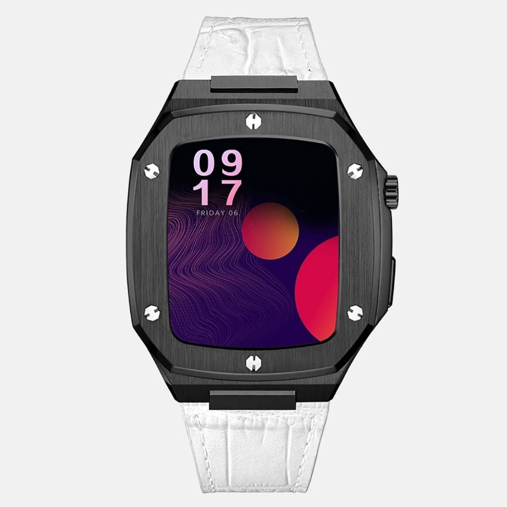 44MM Black Luxury Edition iWatch Case: Leather Strap-White Leather