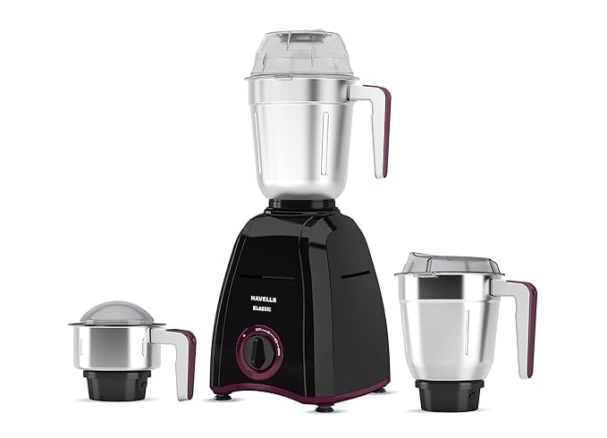 Havells Klassic 3 Jar 800 Watt Mixer Grinder with 3 Wider mouth Stainless Steel Jar with Polycarbonate Lids,Twist & Lock Mechanism, 2 Yr Product & 5 Yr Motor Manufacturer Warranty