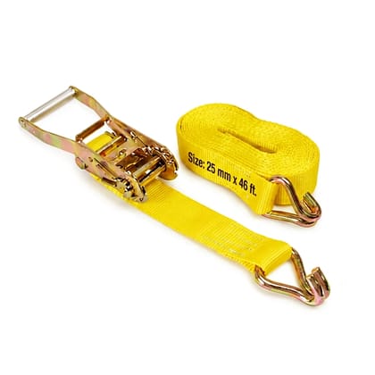 Trion Products Ratchet Strap with J Hook for Motorcycles and ATVs, Heavy Duty Cargo Tie Down, 1500 kg Break Strength, Zinc-Plated Steel, 1 Inch x 46 Feet, Yellow
