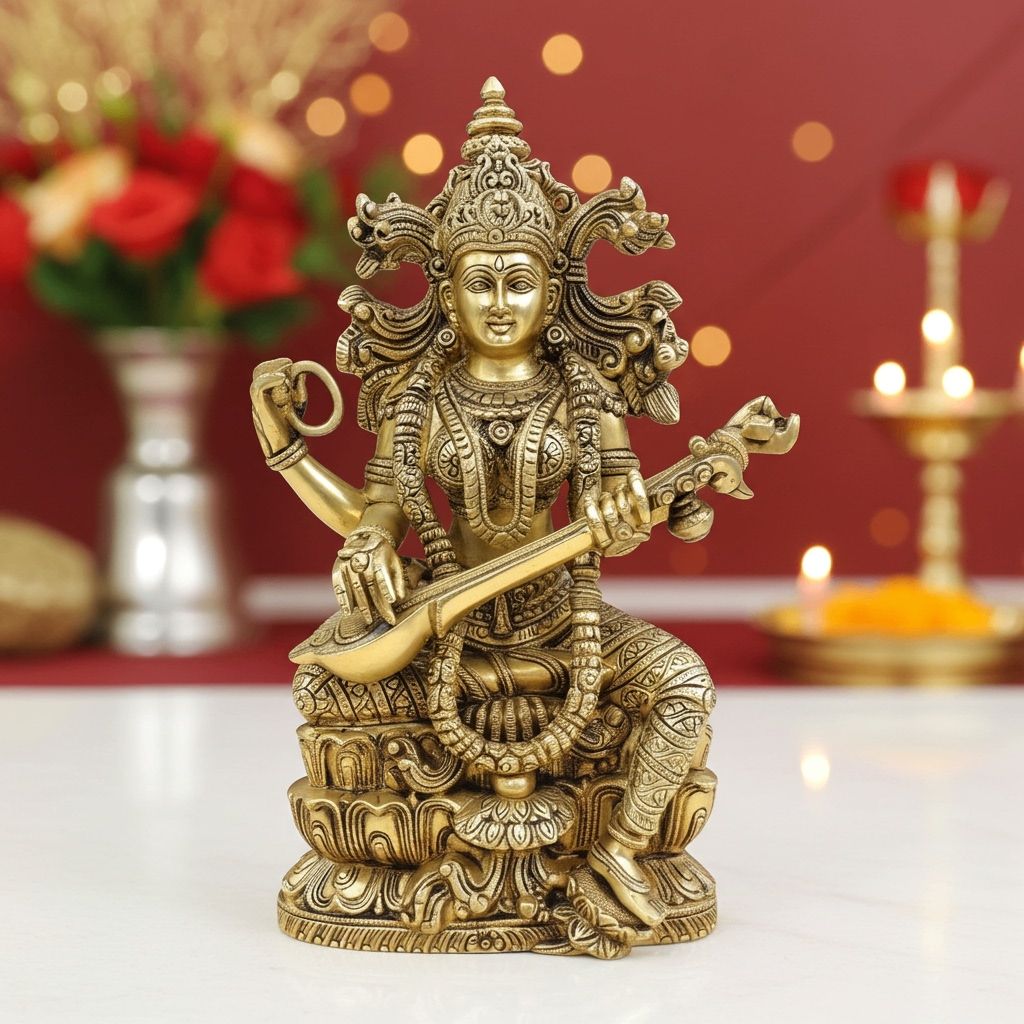 Brass Saraswati Mata Idol for Study, Education & Puja, Height : 15 Inch (BSMAS1891 S)