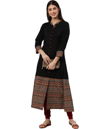 Yash Gallery Rayon Printed Front Slit Women's Kurti - Black ( Pack of 1 )