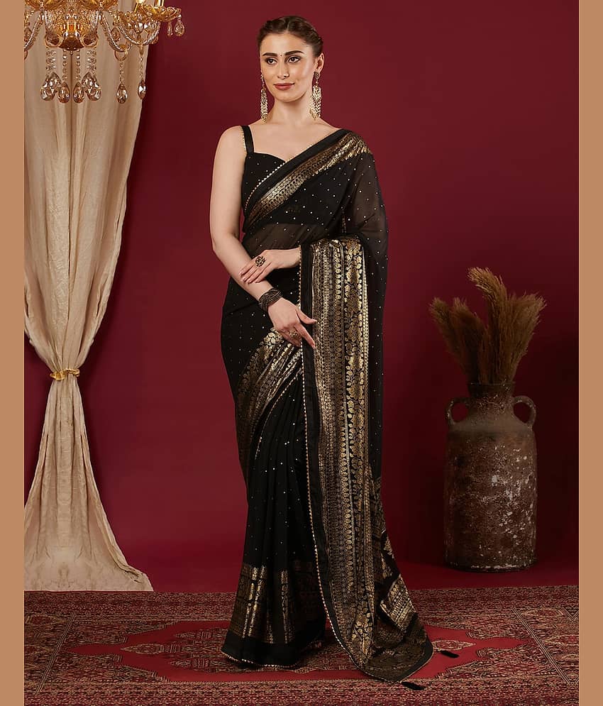 Samah Georgette Printed Regular Saree With Unstitched Blouse Piece ( Black )