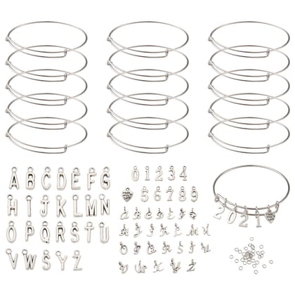 10 Pcs, DIY Bangle Making Kits With Charms, Stainless Steel Bangles and Brass Jump Rings, Antique Silver-Silver