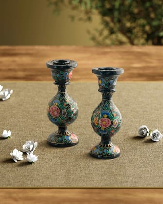 Hand Painted Papier Mache Candle Stands Black, Pink, Blue, Green - 5.5 x 2.3-Black, Pink, Blue, Yellow / Papier Mache / 5.5 Inches x 2.3 Inches