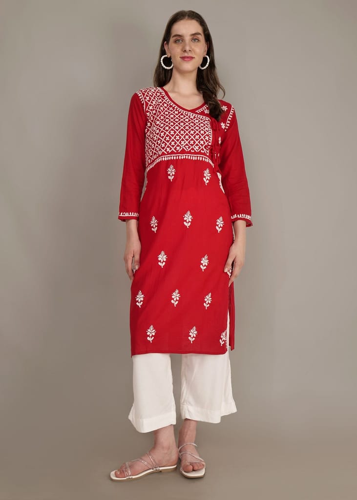 Pure Cotton Hand Embroided Lucknow Chikankar Angrakha Style Kurta - Red