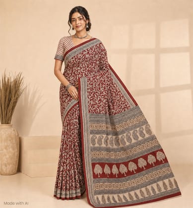 Handcrafted Bagh Print Cotton Saree