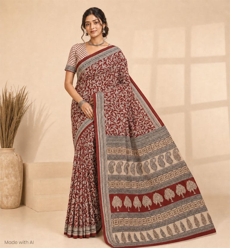 Handcrafted Bagh Print Cotton Saree