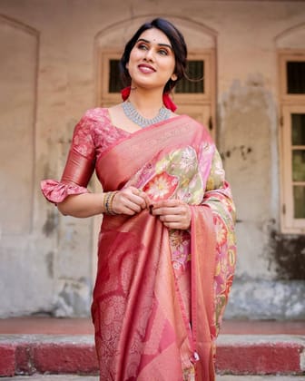 Graceful Peach and Pink Banarasi Silk Saree with Zari Weave and Tassels-Regular