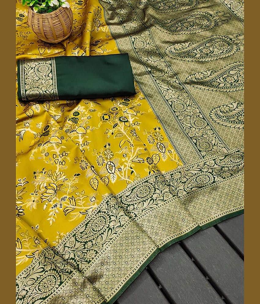 Sitanjali Lifestyle Silk Blend Printed Saree With Unstitched Blouse Piece ( Yellow )