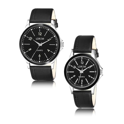 LOREM Couple Watches, Dial with Silver Case, Black Leather Strap, Quartz Movement