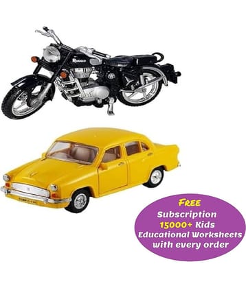 Combo of Pull Back Rugged  Bike (Side Stand) & Ambassador Taxi Car (Door Openable) Toy Vehicles Combo Set  (Free subscription of kids Educational worksheets)