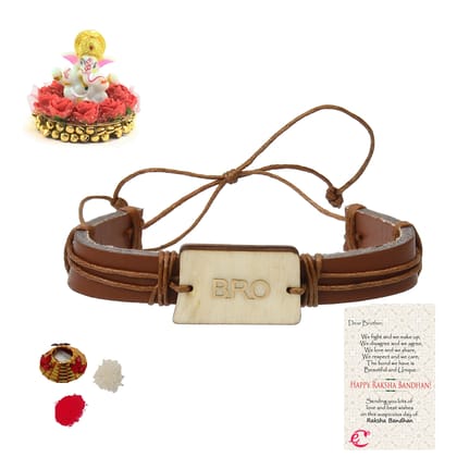 Designer Leather Bracelet BRO Rakhi with Lord Ganesha Idol on Decorative Plate for Car & Home and Roli Tikka Matki, Best Wishes Greeting Card