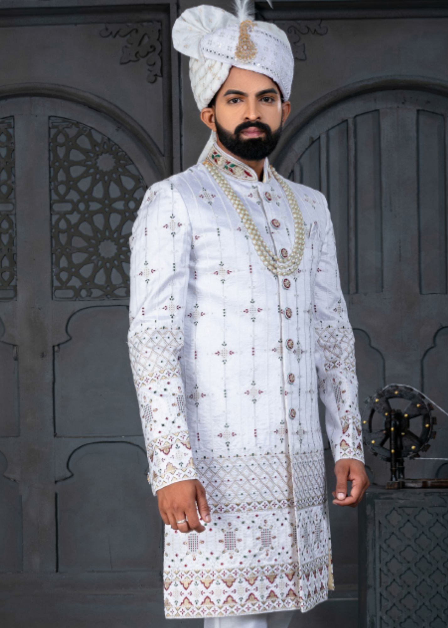 White and Red Designer Sherwani for Groom