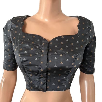 Banaras Art Silk Scallop neck Blouse with Golden Butta, Water drop hole in back & Lining,  Grey, BS1172-S