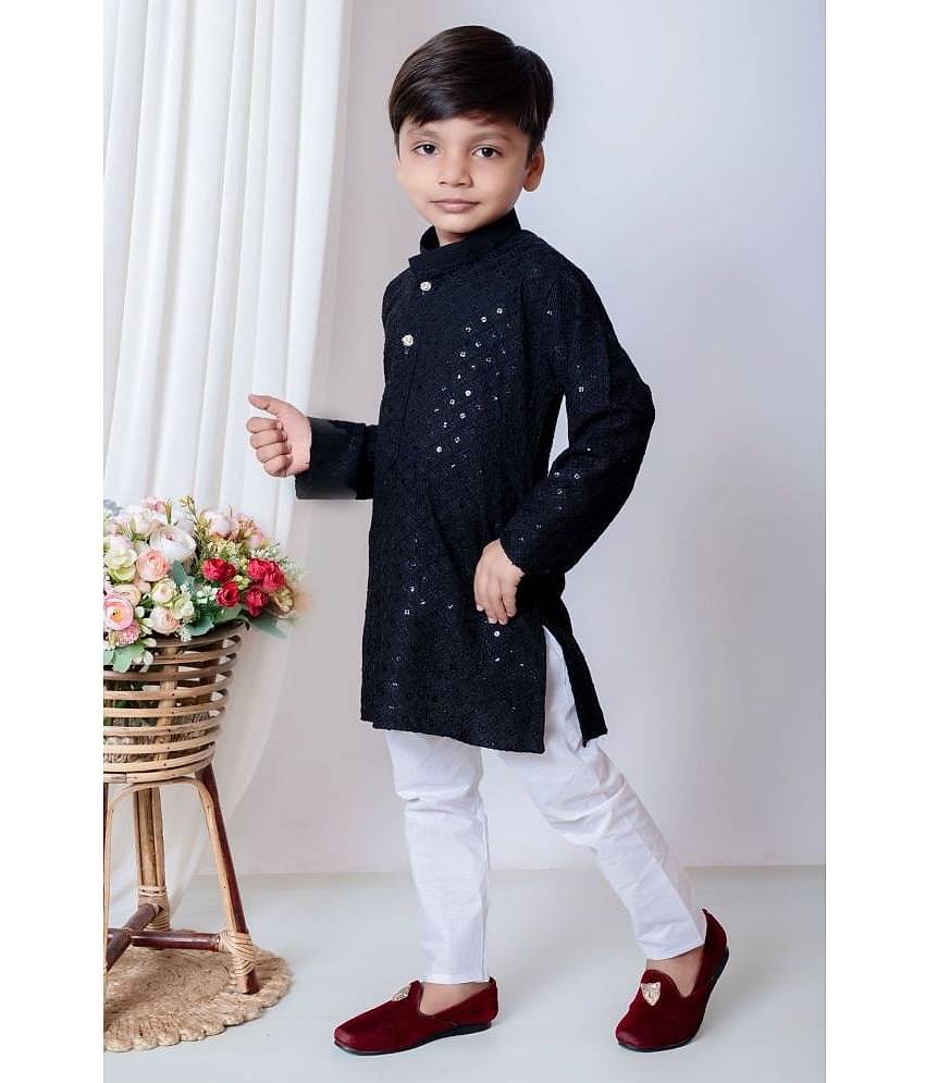 New Collection Boys Cotton Blend Sequined - Pattern Kurta Pant Set ( Dark Blue , Pack of 1 )