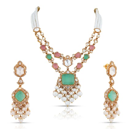 Roshni - Polki Mint & Pink Doublet Necklace