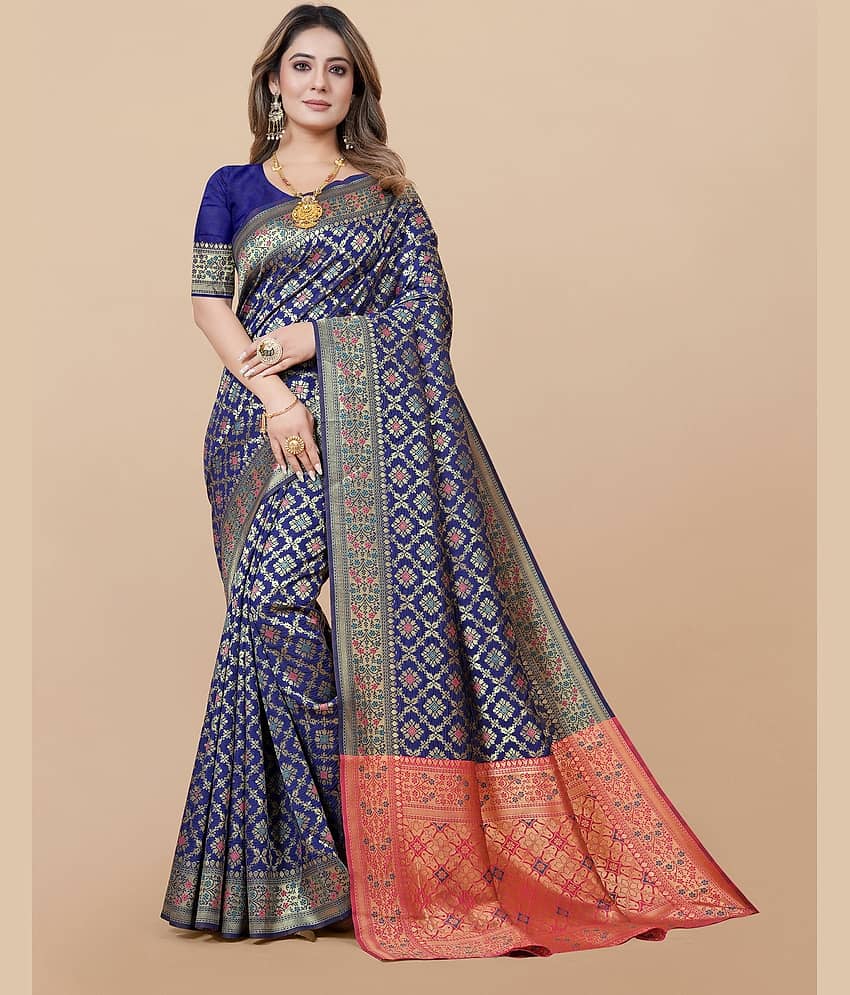 Gazal Fashions Banarasi Silk Embellished Saree With Unstitched Blouse Piece ( Navy Blue )