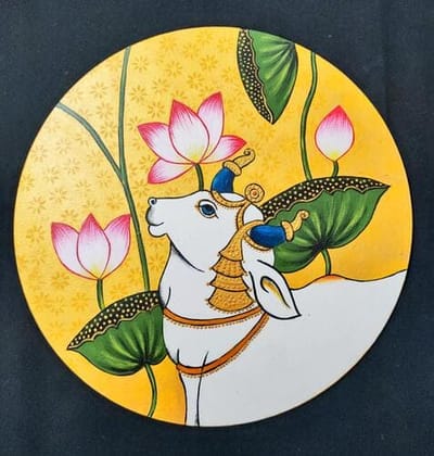 Hand Painted Pichwai Art (Lotus And Cow) On Mdf Board