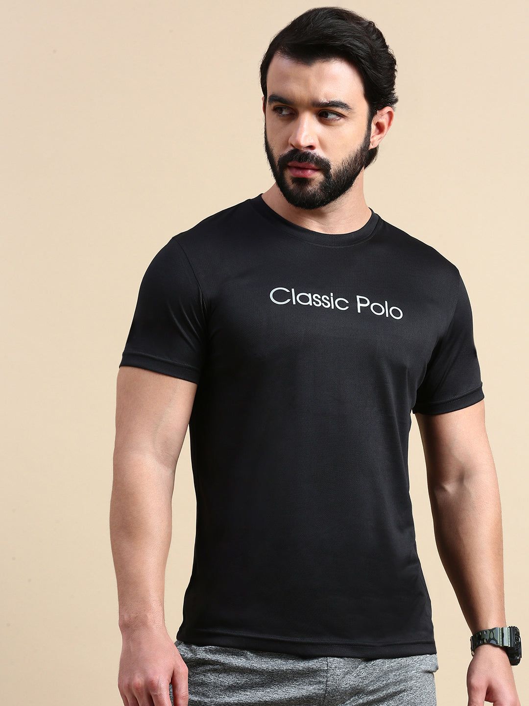 Classic Polo Men's Round Neck Polyester Black Slim Fit Active Wear T-Shirt | GENX-CREW 02A SF C