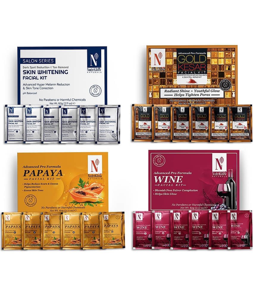 NutriGlow NATURAL'S Advance Pro Formula Skin Whitening,Gold Kesar,Papaya,Wine Facial kit For Skin Cell Repair, 60gm Each, Pack of 4