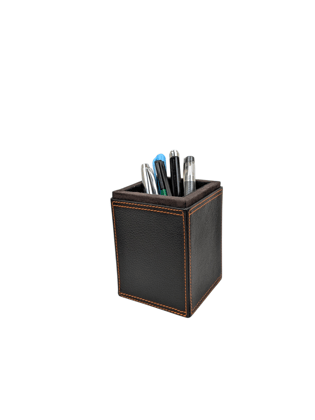 MasterCrafts Leather Pen Stand Cubicle Shape - Black Color