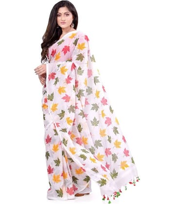 Desh Bidesh Silk Blend Printed Saree Without Blouse Piece ( White )