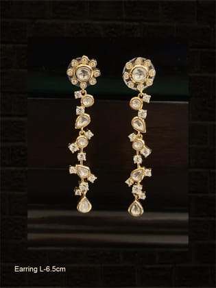 Flower top long polki and white stones earrings-White