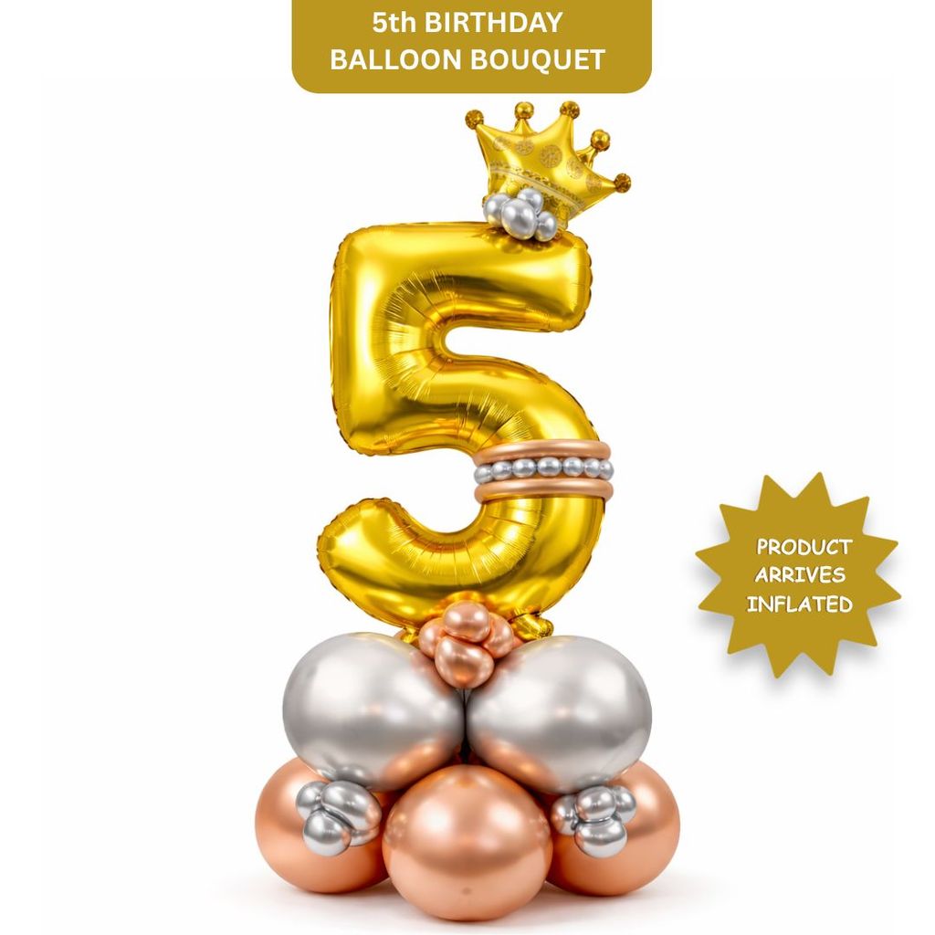 Royal Number 5 Golden Balloon Bouquet Arrangement with Small Crown & Silver, Rosegold Latex Balloons - Party and Festive Needs | Buy online on ZillyBuy