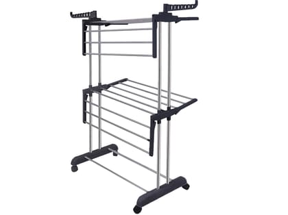 Clothes Drying Stand - 2 Tier (With 10 Clips), Stainless Steel, with Wheels