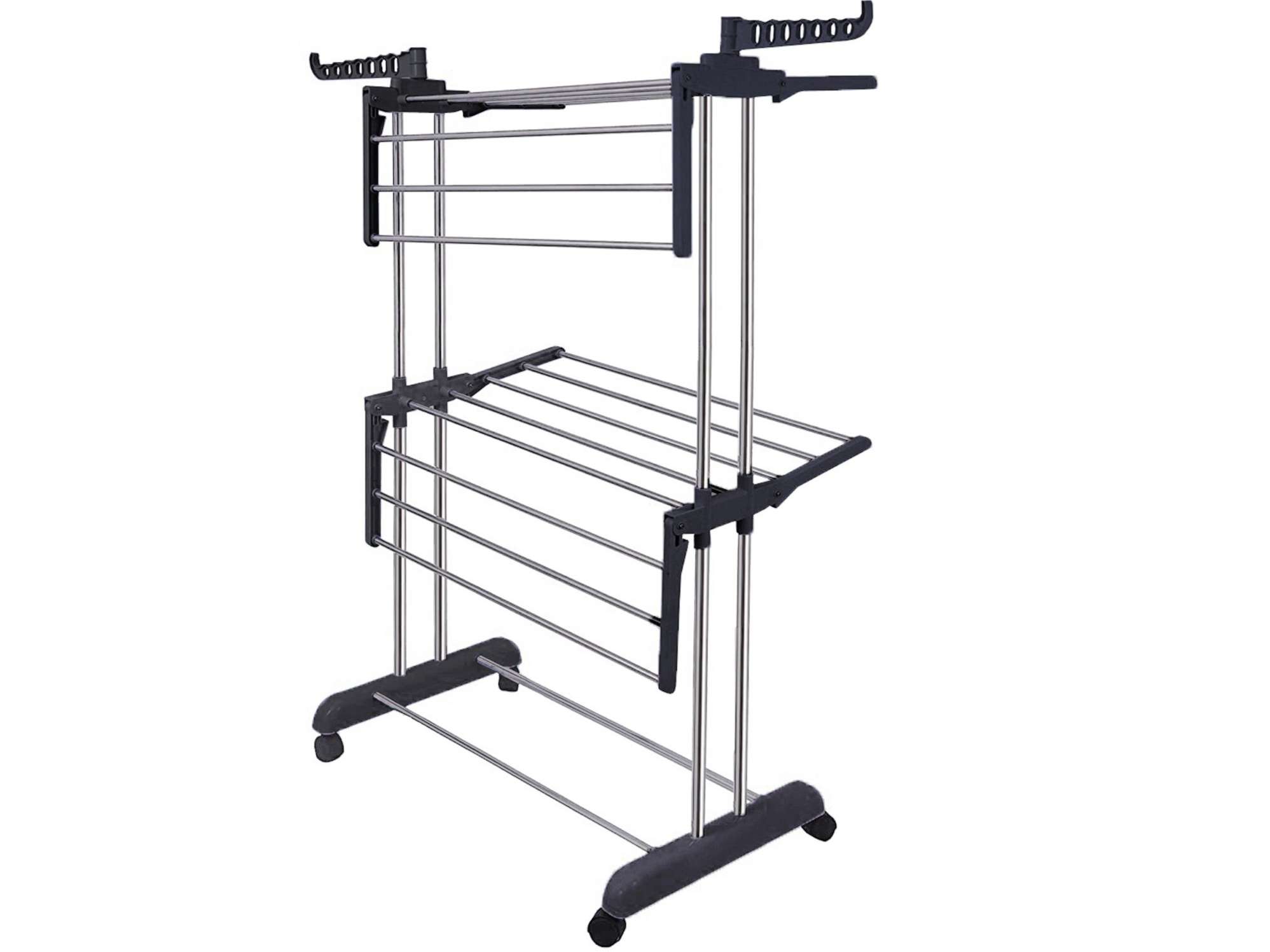 Clothes Drying Stand - 2 Tier (With 10 Clips), Stainless Steel, with Wheels