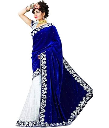 WXW Fashion Velvet Embroidered Saree With Unstitched Blouse Piece ( Blue )