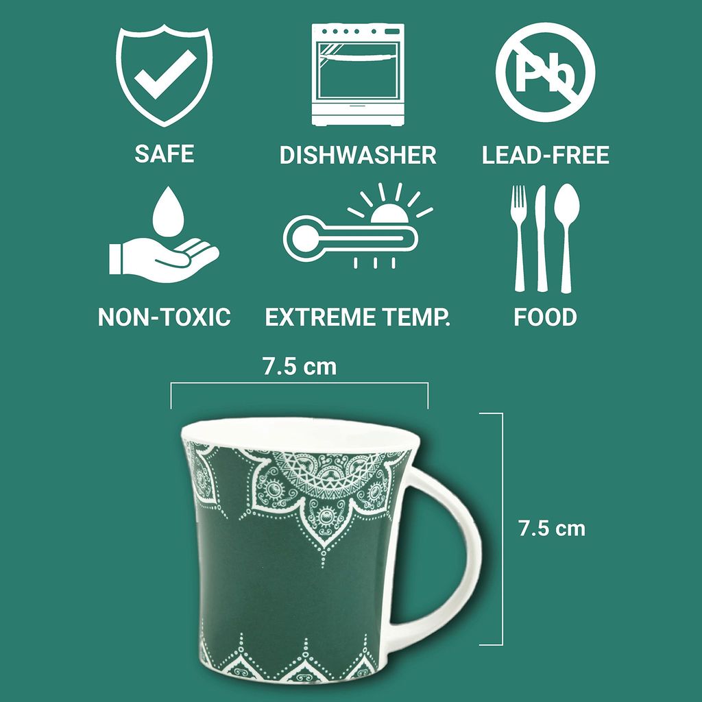 Femora Turquoise Green Cosmic Mehendi Tea Cups, Ceramic Tea Cups, Coffee Mugs (160 ml) - 6 Pcs Set (Green)