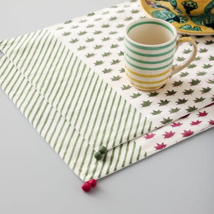 Eyaas Block-Printed Chanderi Table Mats with Green and Pink Lotus Motifs  Set of 2 (14 x 18 Inches Each)