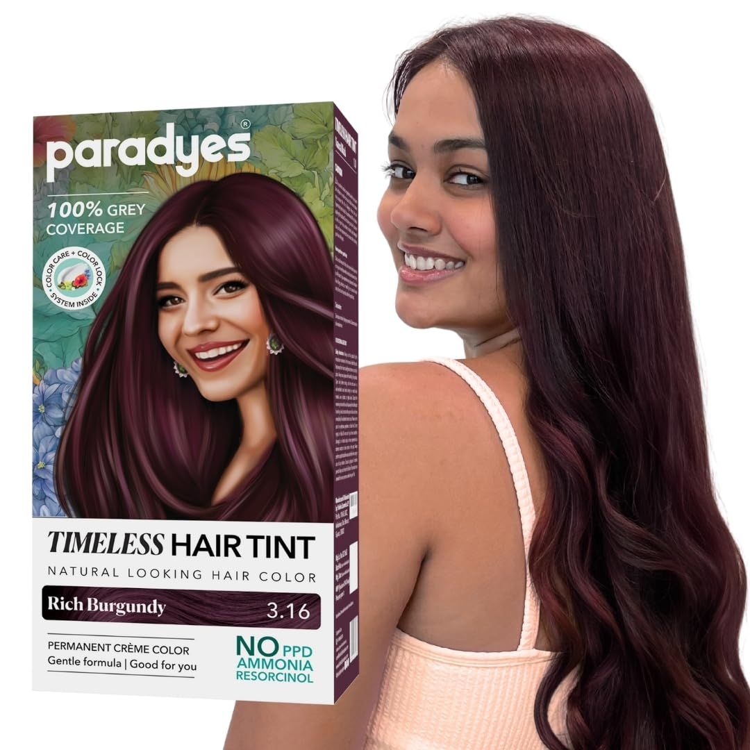 Paradyes Rich Burgundy Timeless Hair Tint, Permanent Crme Hair Colour for Natural-Looking Results, Complete Grey Coverage, Formula Free from PPD, Ammonia, & Resorcinol, 3.16 Rich Burgundy Paradyes Rich Burgundy Timeless Hair Tint, Permanent Crme Hair Col