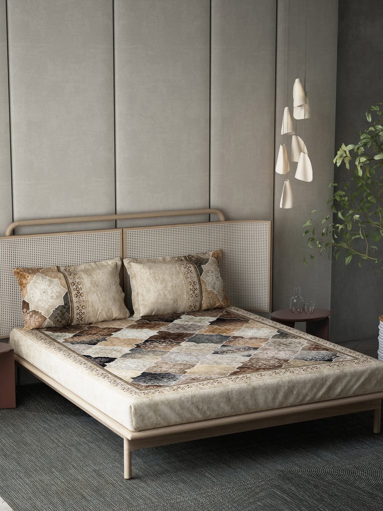 DDecor 100% Combed Cotton Super King Bedsheet with 2 Pillow Covers | Ethnic 145TC | Soft & Comfortable | Perfect for Everyday Bedroom Use | Serai Collection | 274 CM X 274 CM