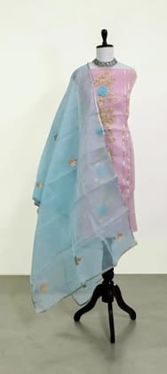 Handwoven Kota Doria Cotton-Silk Dress Material with Zari Border, Aqua