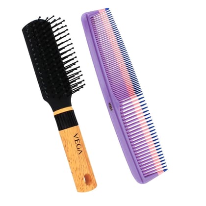 Vega Flat Hair Brush & Comb (India's No. 1* Hair Brush Brand) For Men & Women, 2 Pieces (VCP-08)