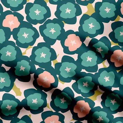 Flowers in teal, blue and pink Print Fabric-Cotton