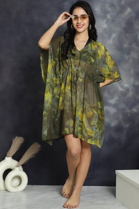 Green Color Abstract Printed Georgette Coverup Beachwear Kaftan For Woman-ONESIZE