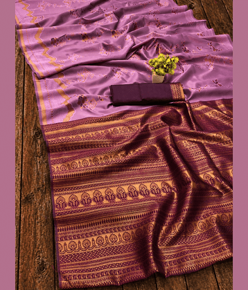 Kanooda Prints Jacquard Printed Banarasi saree With Unstitched Blouse Piece ( Pink )