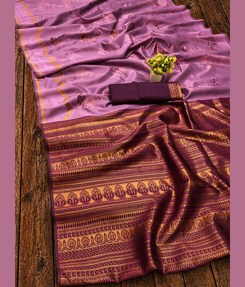 Kanooda Prints Jacquard Printed Banarasi saree With Unstitched Blouse Piece ( Pink )