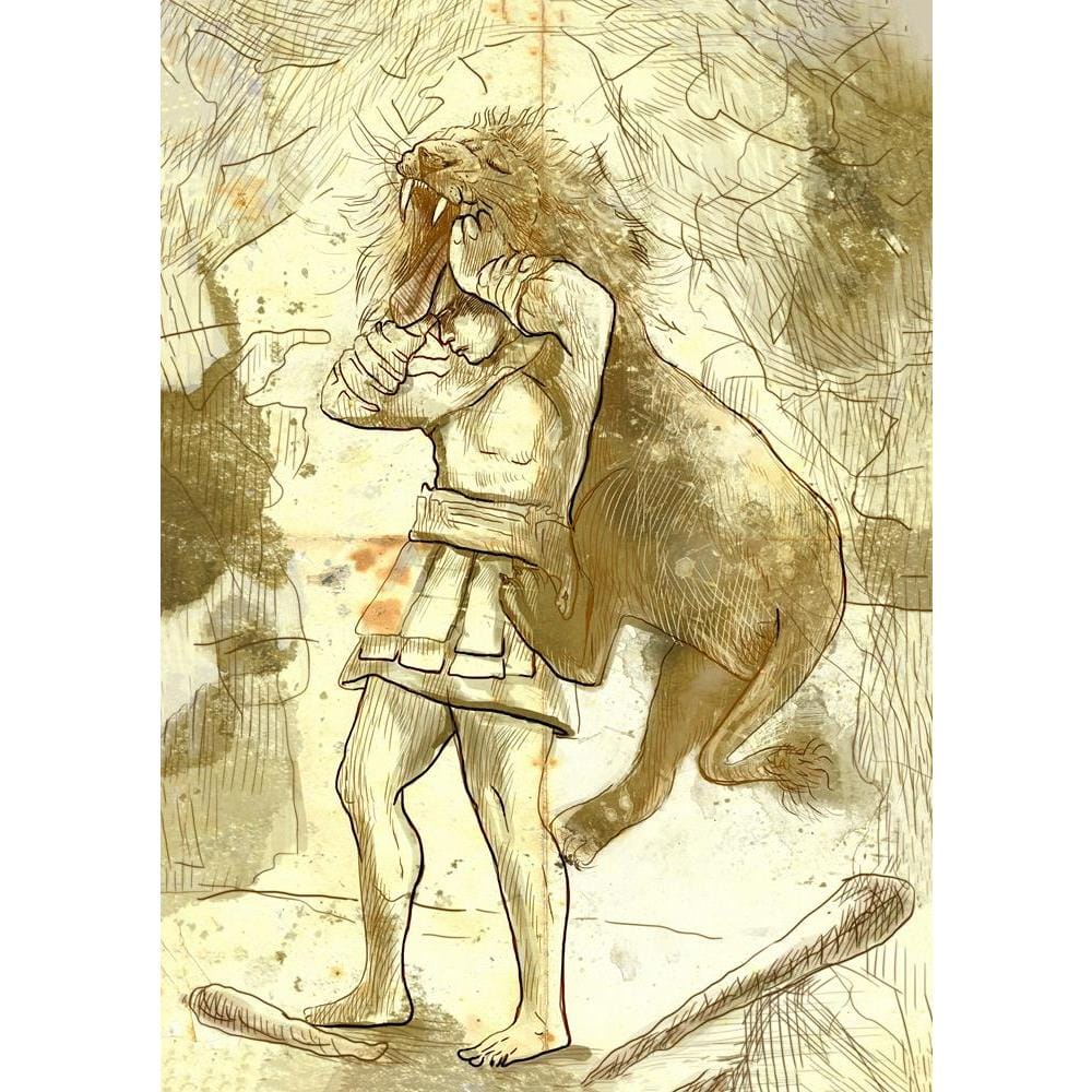 ArtzFolio Ancient Greek Myths Legends Hercules with Lion Peel & Stick Vinyl Wall Sticker-Vinyl; Laminated Sticker / 12inch x 17inch (30.5cms x 43.1cms)