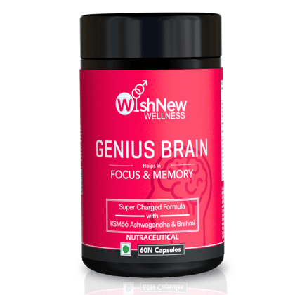 WishNew Wellness GENIUS BRAIN | Advanced Nootropic Formula for Focus & Memory | 60 Vegetarian Capsules with Natural Brain Boosters | Mucana, Brahmi, Ginkgo Biloba & More