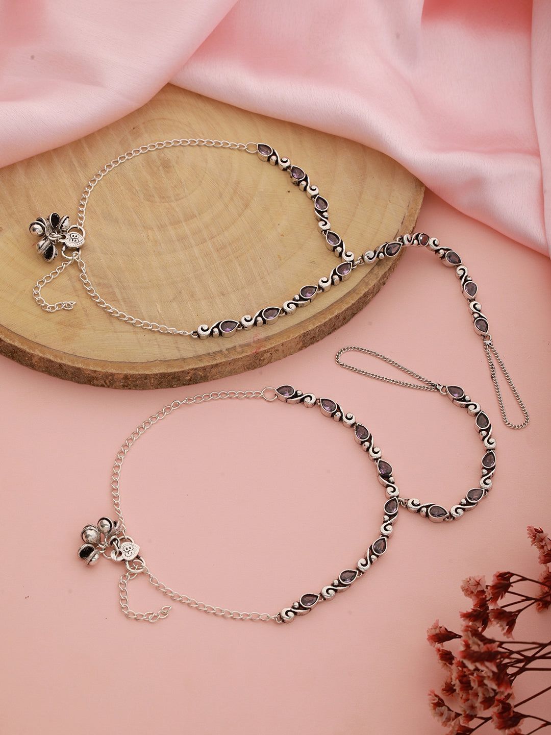 Silver Oxidised Stone Studded Foot Harnass Anklet Payel