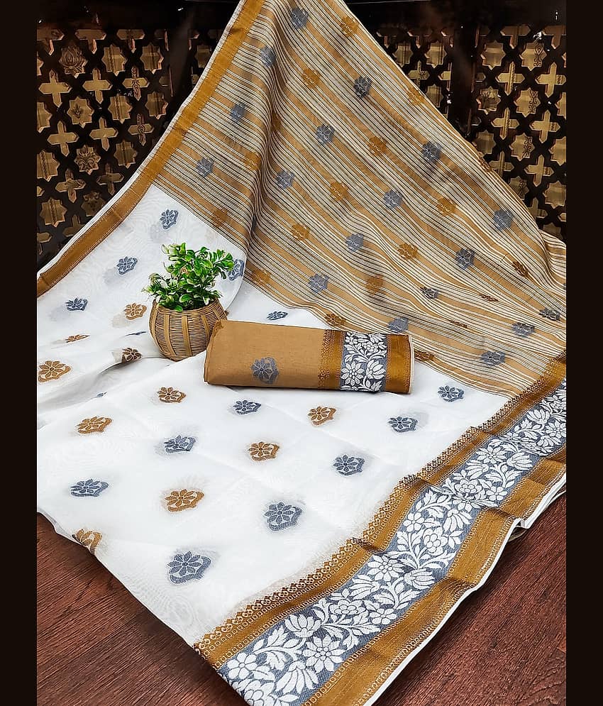 IndShopMart Cotton Silk Woven Saree With Unstitched Blouse Piece ( White )